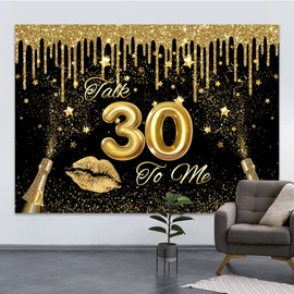 Wollmix 7x5ft 30th Birthday Backdrop Talk 30 to Me Golden and Black Background Lip Champagne Abstract Gilding Photography for Adults Woman or Man Bday Party Decoration Photo Booth Props Banner