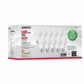 Satco S11400 LED Bulb, 9W, 120V, E26 ANSI Base, Non-Dimmable, 4.38" MOL, 2.38" MOD, 800 Lumens, 3000K, 10000 Hours Rated Life, 10 Bulb Value Pack