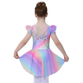 Mecceos Girls Ballet Leotard with Skirt Dance Ballerina Outfits Dresses Crisscross Back Shiny Butterfly Ruffle Sleeve (Butterfly Rainbow, 4-6 Years, MEAM-243)