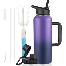 40oz Insulated Water Bottle with Handle, Stainless Steel Sports Metal Water Flask with Straw & 2 Leak Proof Lids, Double Walled Vacuum Wide Mouth Water Bottle for Travel,Camping,Gym (Purple Navy blue)