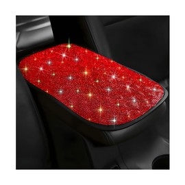 Sandfren Bling Car Center Console Cover, Crystal Rhinestone Leather Vehicle Armrest Box Protector Cushion Pad for Women Girls, Soft Comfortable Auto Arm Rest Mat, Universal for SUV RV Truck (Red)