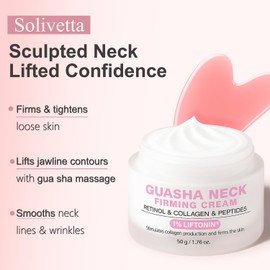 Neck Firming & Tightening Cream with Gua Sha Tool – Retinol, Collagen & Peptides for Jawline, Décolleté & Double Chin | Anti-Wrinkle Lifting Moisturizer 1.7oz