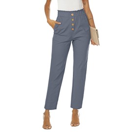 NIMIN Womens High Waisted Dressy Work Pants Summer Business Casual Pants Comfy Paper Bag Ankle Pants with Pockets Blue Grey X-Large