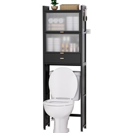 Cozivolife Over The Toilet Storage Cabinet with Drawer and Flip Door,Bamboo Bathroom Organizer Shelf with Anti-Tip Design and Waterproof Feet Pad,Freestanding Rack Above Toilet Space Saver (Natural)