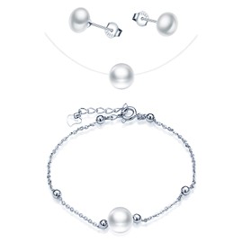 CPSLOVE Women's Jewellery Sets, 925 Silver, Women's Girls Necklace Pendant Bracelets Earrings, Pearl Earrings, Pearl Bracelet, Pearl Clavicle Necklace, Transparent Invisible Necklace, Silver, Pearl