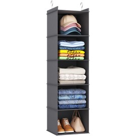 Lifewit 1 Pack Hanging Storage with Metal Hooks, 5 Shelves Foldable Wardrobe Closet Storage Organiser, Fabric Hanging Shelves Organiser for Clothes, Towels, Shoes, Toys