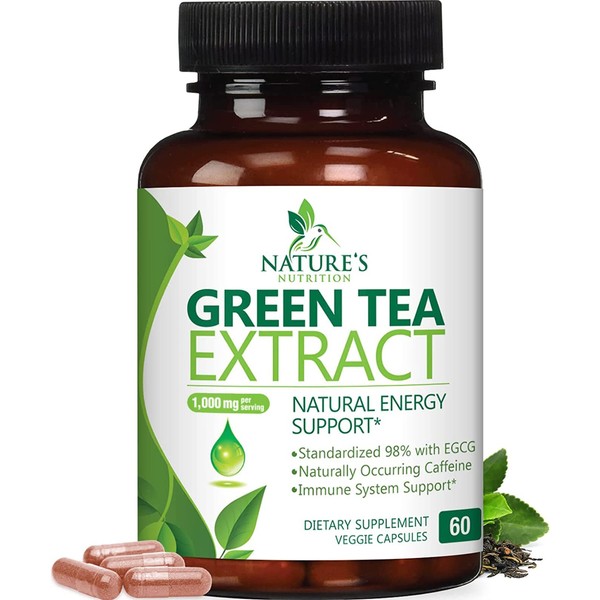 Green Tea Extract Capsules 1000mg 98% Standardized EGCG - 3X Strength for Natural Energy - Heart Support with Polyphenols - Gentle Caffeine - 60 Capsules