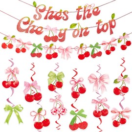 SUNBEAUTY Cherry Party Decorations, She's The Cherry On Top Theme Banner, Summer Fruit Cherries Party Supplies for Birthday Baby Shower Valentine's Day Wedding Bridal Shower