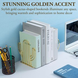 MyGift Modern Brass Tone Bookends, Southwest Desert Style Sagauro Shaped Decorative Book Ends Stands for Home Office Desk School Bookshelf, Metal Wire Cactus Design,1 Pair