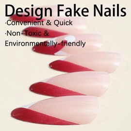 Christmas Press on Nails Medium Almond Winter Fake Nails Full Cover Green French Tip Fake Nails with Xmas Hat Designs Glossy Glue on Nails Cute Acrylic Manicure Artificial Nails for Women Girls 24Pcs