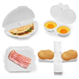 4pcs Microwave Breakfast Set, Including Non-Stick Omelet Maker 2 Cavity Egg Poacher Bacon Baking Tray Potato Rack Easy to Use Microwave Cookware Cooker