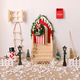 EBANKU 16Pcs Christmas Fairy Door Kit, Red Fairy Girl Door Garden Decorations Tiny Outdoor Xmas Decor Wooden Miniature Dollhouse Accessories for Xmas DIY Crafts Mini Christmas Decorations