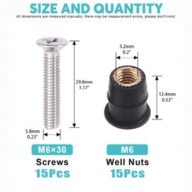 Cimeton 15 Pairs M6 Neoprene Well Nuts with Stainless Steel Pozi Screw Brass Copper Bolts Well Nut Kit for Kayak, Motorcycle, Boats (M6 x 30mm)