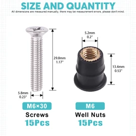 Cimeton 15 Pairs M6 Neoprene Well Nuts with Stainless Steel Pozi Screw Brass Copper Bolts Well Nut Kit for Kayak, Motorcycle, Boats (M6 x 30mm)