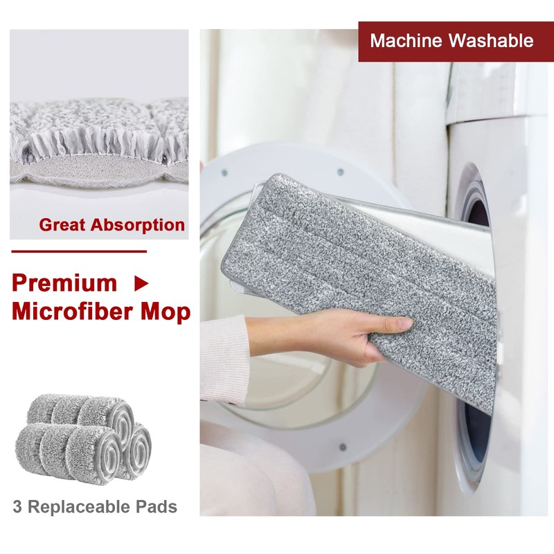 BOSHENG Hands-Free Mop and Bucket Set with 3 Washable Pads,
