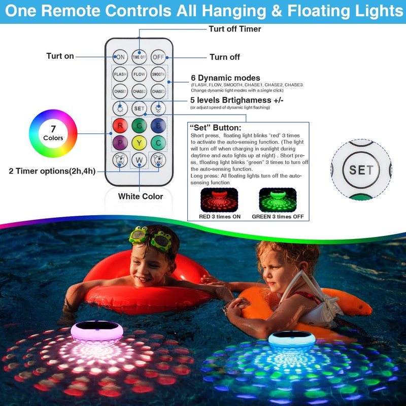 Solar Floating Pool Lights, USB Rechargeable Pool Lights with Remote,