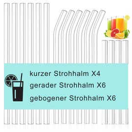 Kiemeu 16 Pieces Glass Straws Dishwasher Safe, Φ10 mm Thick Drinking Straws Reusable for Smoothie, Slush Ice and Cocktail, Family Pack