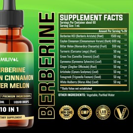 MILIVOL 10in1 Berberine Liquid Drops with Ceylon Cinnamon, Bitter Melon, Turmeric, Ginger, Gymnema, Sylvestre and More - 60 Days Supply - 2FL Oz