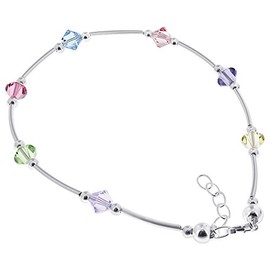 Gem Avenue Multicolor Austrian Crystals Bicone 925 Sterling Silver Anklet for Women 9 to 10 Inch Long Adjustable