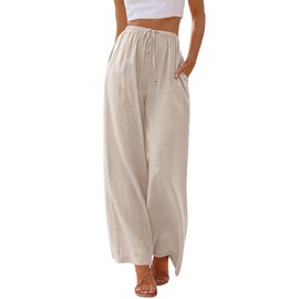 LILLUSORY Women's Linen Palazzo Pants Flowy Beach 2024 Summer Spring Fashion Basic Outfits Clothes Trendy Casual Drawstring Trousers with Pockets Apricot