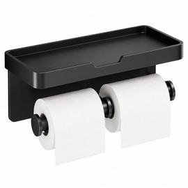 Dual Roll Toilet Paper Holder with Shelf – Black Aluminum Wall-Mount Phone Storage Rack for Bathroom, Hotel & RV