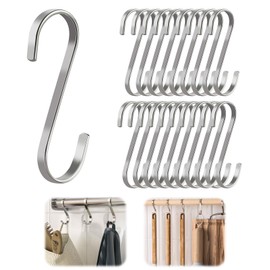 Pack of 20 S Hooks, Stainless Steel Flat Metal Hooks for Hanging, Kitchen Hooks, Double Hooks, S Shaped Hanging Hooks, Stainless Steel Hooks for Kitchen Utensils, Utensils, Plants, Silver, Maximum