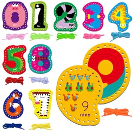 10 Pieces Number Lacing Cards, 0-9 Double Sided Sewing Cards with 10 Colorful Laces, Imagination Development Lacing Toys Games for Children Educational and Learning Activity