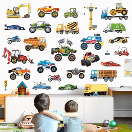 decalmile Cars Wall Decals Construction Transports Vehicles Racing Cars Wall Stickers Boys Room Kids Bedroom Toddles Playroom Wall Decor