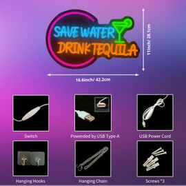 Decorit Save Water Drink Tequila Neon Sign Wall Light Decor, Led Neon Bar Lights for Home Bar, Pubs, Man Caves, Tequila Drink Themed Decorations, USB Powered Sign, Dimmable Switch, Brightness Control