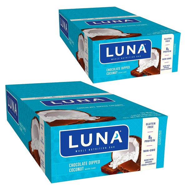 LUNA BAR - Gluten Free Snack Bars - Chocolate Dipped Coconut Flavor -8g of protein - Non-GMO - Plant-Based Wholesome Snacking - On the Go Snacks (1.69 Ounce Snack Bars, 30 Count)