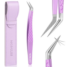 Pinzas de pestañas para extensiones de pestañas, pinzas de extensión de pestañas con punta de fibra MORGLES para pestañas de volumen con bolsa, color morado