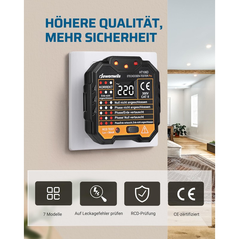 DEWENWILS Socket tester with RCD test and LCD voltage display,