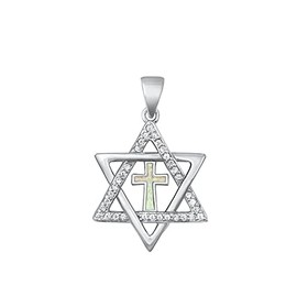 Sterling Silver Cute Messianic Cross White Simulated Opal Clear CZ Pendant Charm