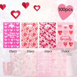 Jocomoni 100Pcs Valentine's Day Gift Bag Plastic Treat Bag with Handle Valentines Candy Bags Heart Goodie Bags for Valentine's Day Party Favor Supplies Classroom Gift Exchange