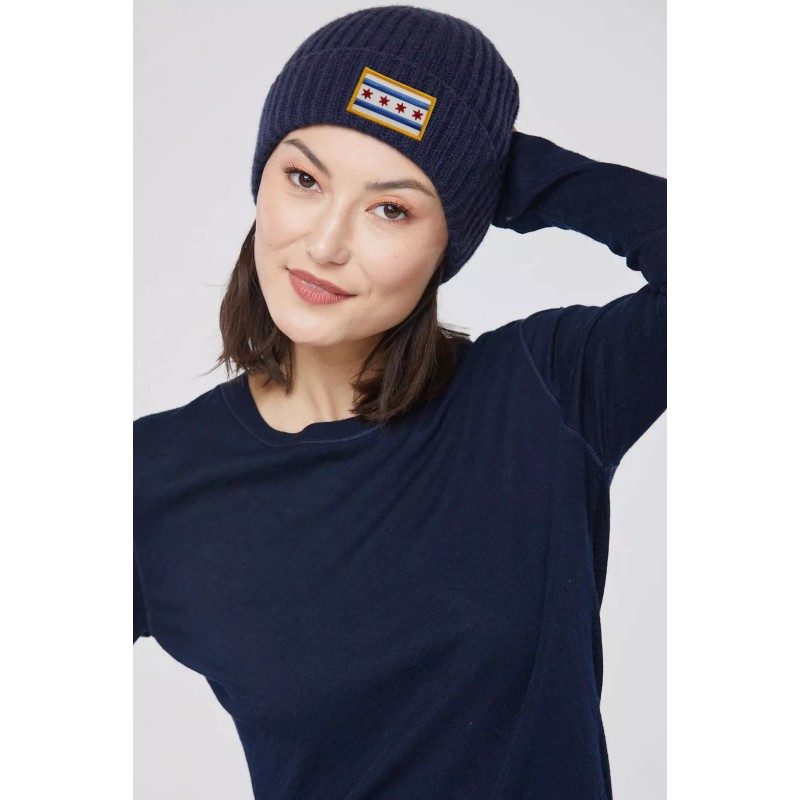Peerless Embroidery Chicago Flag Patch Gold Border Cuffed Ribbed Beanie