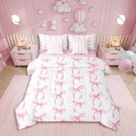 Erosebridal Cute Pink Bow Comforter Set Twin Bed in a Bag,Bowknot Princess Bedding Set for Girls Kids,Ribbon Pink Bow Knot Bed Set 7 Piece with Fitted+Flat Sheet,Pillowcases,Throw Pillow Covers