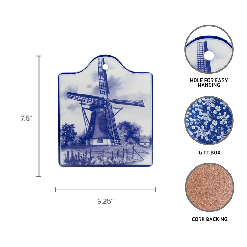 Dutch Windmill Porcelain Cheeseboard with Cork Backing