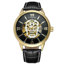 Winner Men Casual Simple Hollow Dial PU Strap Mechanical Movement Watch Wristwatch (C)