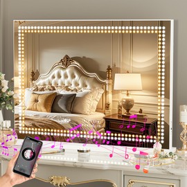 FENCHILIN Vanity Mirror with Lights and Bluetooth Speaker 31.5"x 22.8" Makeup Mirror Lighted Hollywood Mirror with LED Light Beads USB Charge Port, 3 Color Lighting Modes