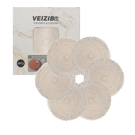 VEIZIBEE Coaster, Coffee Mat，Woven Round Placemats 6PCS 18cm，Table Mats Heat Resistant Braided Placemats Washable Anti Slip Round Hand Woven Fabric Place Mats for Kitchen Dining Table European Style