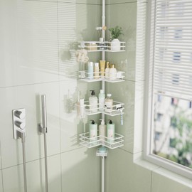HapiRm Corner Shower Caddy Organizer - Shower Organizer Corner with Soap Holder, Toothbrush Holder and 4 Hooks, Rustproof Bathroom Shelf Tension Pole Available for 27.6 to 108.3 Inch - White