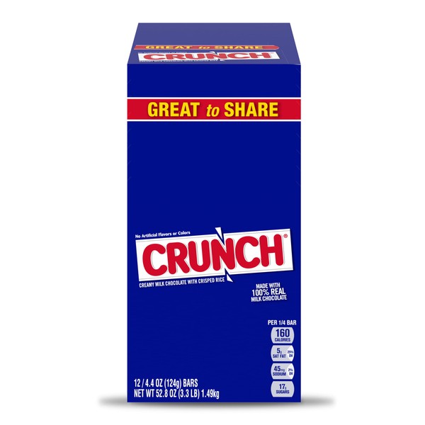 CRUNCH, Bulk 12 Count Box, Milk Chocolate and Crisped Rice, Full Size Individually Wrapped Candy Bars, 52.8 Oz