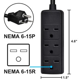 PowGrow Power Strip, 14AWG NEMA 6-15P 10ft Long Power Extension Cord, Durable Power Extension Cable 240V, 3 Outlets