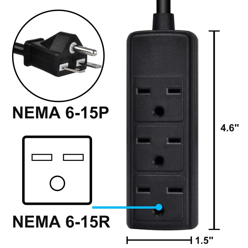 PowGrow Power Strip, 14AWG NEMA 6-15P 10ft Long Power Extension