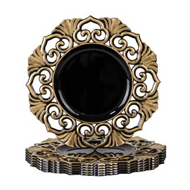 MAONAME Antique Charger Plates, 13" Octagonal Chargers for Dinner Plates, Black Plate Chargers Set of 6, Plastic Charger Plates for Table Setting, Wedding Decoration