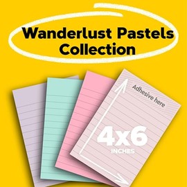 Post-it - Notas superadhesivas de papel 100% reciclado, forradas, 4 pulgadas x 6 pulgadas, 4 almohadillas para orejas, 45 hojas por bloque, pasteles Wanderlust, suministros escolares y productos de