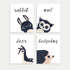 Peeking Animal Collection in English, Children's Wall Art, Set of Four 05x07 Inch Print, Forest Nursery, Gender Neutral Nursery, Rabbit, Deer, Owl, Hedgehog, Woodland Nursery