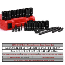 CASOMAN 1/2" Drive Master Impact Socket Set, 38 Piece Deep, Standard SAE (3/8" To 1-1/4") & Metric (10-32 mm) Sizes, Includes Extension Bar (3, 5, 10-inch), Adapters & Ratchet Handle, CR-V