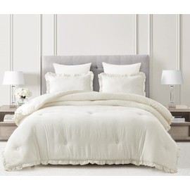 Chezmoi Collection Nora 3-Piece Ruffled Edge Trim Soft Washed Microfiber Comforter Set (Oversized King, Ivory)