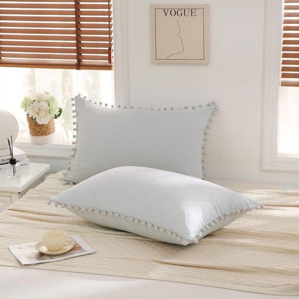 Light Gray Pom Poms Pillowcases, Standard Queen Pillow Cases Set